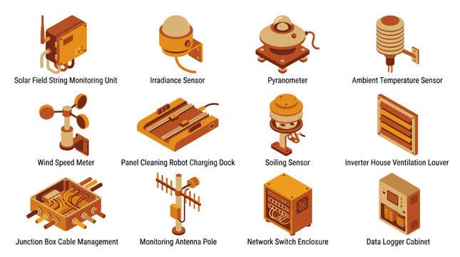 Isometric Solar Energy Monitoring Equipment Icon Set, Vector Illustration of Pyranometer, Sensor, and Data Logger for Green Tech Presentation Materials and Infographics