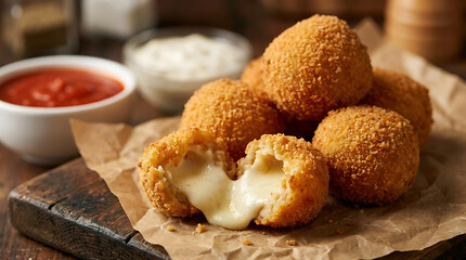 Fototapeta premium Crispy Fried Cheese Balls With Melting Molten Center Served With Tomato And Creamy Dipping Sauces