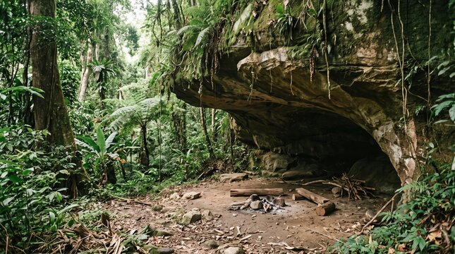 Natural cave shelter in jungle with fire pit and logs inside. Rock formation surrounded by tropical forest vegetation.