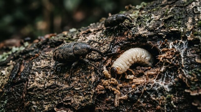Close-up of a large white grub larva and a beetle on rough tree bark. Edible insects for wilderness survival food source.