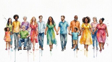 Fototapeta premium Watercolor scene of a diverse group of people, child, elder, and wheelchair user holding hand, symbolizing community, inclusion, friendship, and belonging.