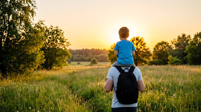 Young Boy Sitting On Fathers Shoulders Looking At Beautiful Sunset Over Green Meadow Field