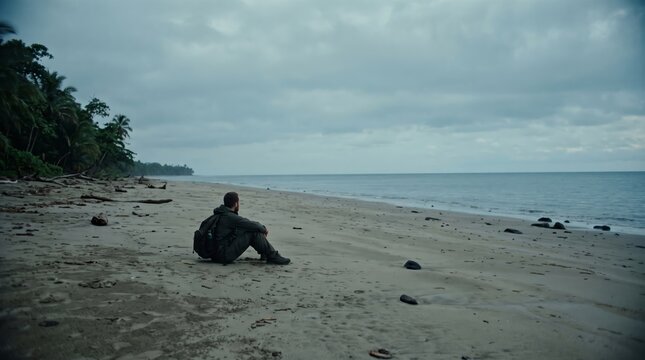 Man sitting alone on a deserted sandy beach looking at the ocean under a cloudy sky. Isolation and survival on a remote coastline.