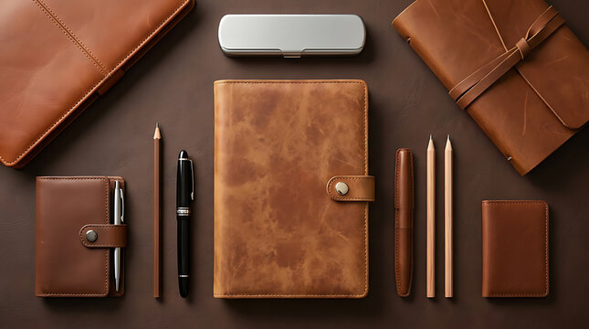 Luxury Brown Leather Notebooks and Stationery Set with Elegant Pens and Pencils on Dark Background