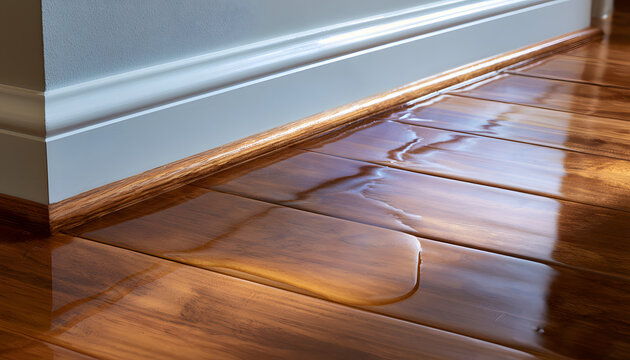 Standing water on a polished hardwood floor near the baseboard suggests water damage and a possible leak. This image illustrates issues in a home interior. Repair is needed.