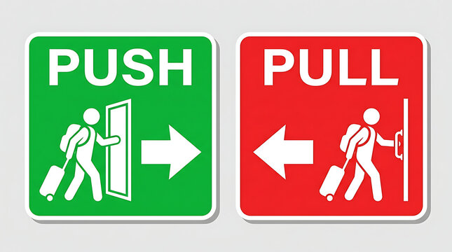 Push and pull traffic direction signs with pedestrians