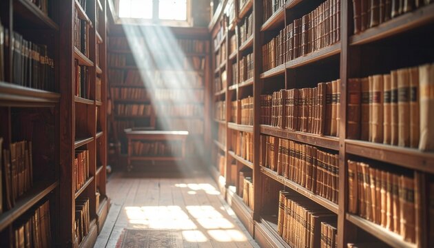Sunlight streaming through an old library aisle with vintage books