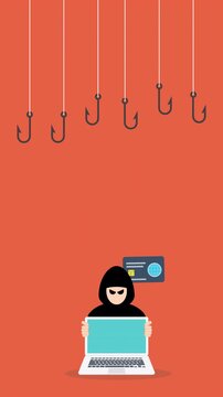 Hacker with laptop computer stealing confidential data, personal information and credit card detail. Hacking concept.