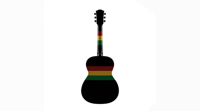 Silhouette of a Classic Acoustic Guitar Featuring Vibrant Rasta Inspired Reggae Colors on a Minimalist Clean White Background
