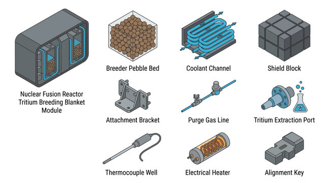 Isometric Vector Icon Set of Nuclear Fusion Reactor Tritium Breeding Blanket Module Components and Spare Parts for Clean Energy Technology Diagrams and Scientific Presentations