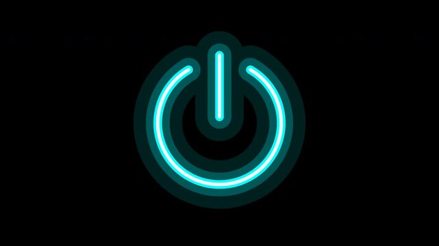 Glowing neon cyan power button icon turning on and pulsing on a black background loop