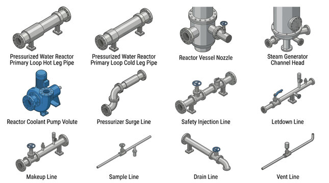 Isometric Nuclear Reactor Piping and Valve Component Icon Set, Vector Technical Illustration of Pressurized Water Reactor Parts for Engineering and Industrial Presentation Materials