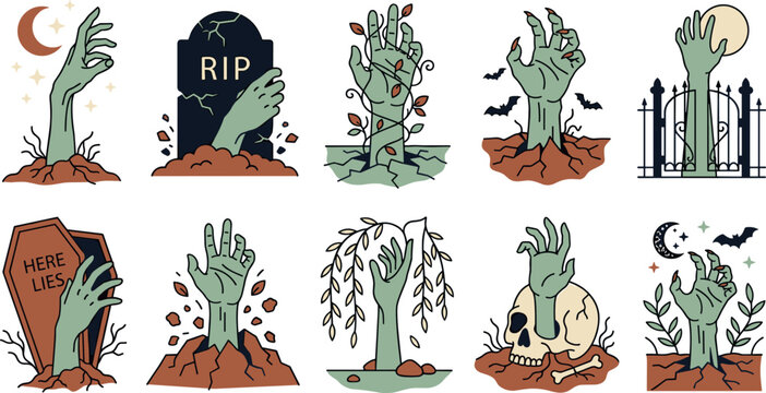 Spooky Zombie Hand Halloween Vector Icon Set Featuring Monster Arms Rising from Graveyard Soil with Tombstone Coffin Skull and Cemetery Gate Elements