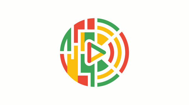 Abstract digital media player logo with vibrant circular labyrinth pattern and central play button symbol for creative video technology