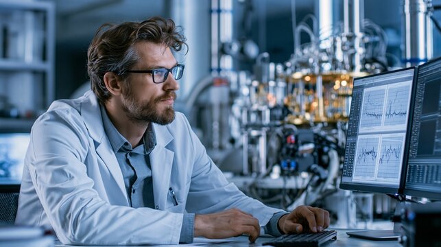 Engineer in a modern lab studying error-correction graphs beside a quantum device, focused mood, cool rim lighting, three-quarter composition.