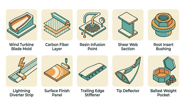 Wind Turbine Blade Manufacturing Process Isometric Icon Set, Vector Illustration of Renewable Energy Engineering Components and Materials for Industrial Design Projects