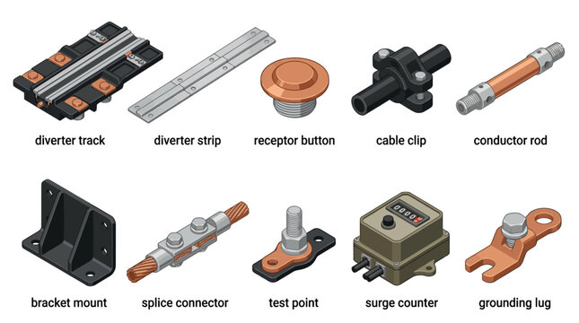 Isometric vector icon set of lightning protection and grounding system components including diverter track, cable clip, surge counter, and grounding lug for electrical engineering diagrams