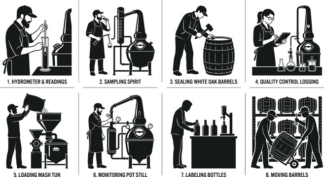Infographic of the alcohol distillation process showing steps from mashing to moving barrels