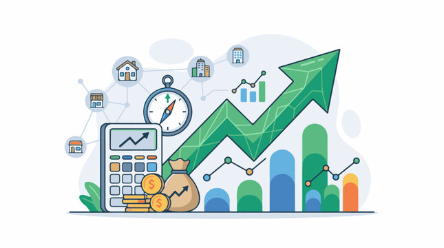A colorful graphic illustration of a growing economy with an upward green arrow