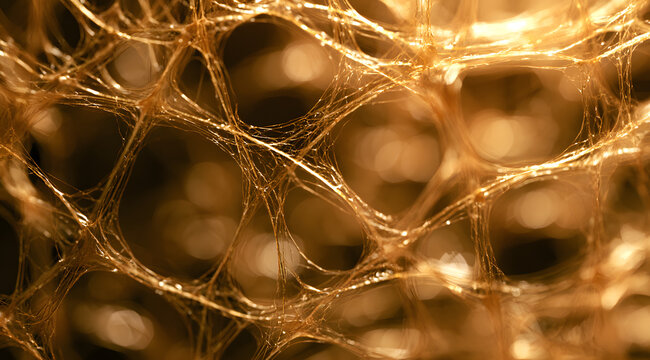Microscopic organic fibrous web structure with glistening translucent strands, resembling biological connective tissue or complex neural networks, in a warm golden light