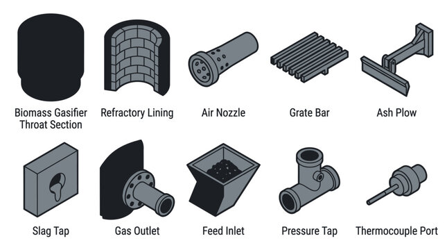Isometric Biomass Gasifier Components Icon Set, Technical Engineering Diagram Elements with Refractory Lining, Air Nozzle, Grate Bar, Ash Plow, Slag Tap, Gas Outlet, and Feed Inlet