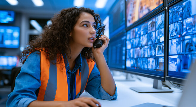 Young Security Guard Monitors Multiple CCTV Cameras
