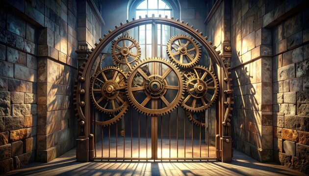 Clockwork machinery gate with gears in medieval room