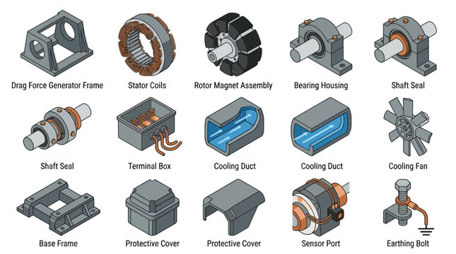 Isometric Vector Icon Set of Electric Motor and Generator Components Including Stator Coils Rotor Magnet Bearing Housing Cooling Fan and Terminal Box for Engineering Diagrams