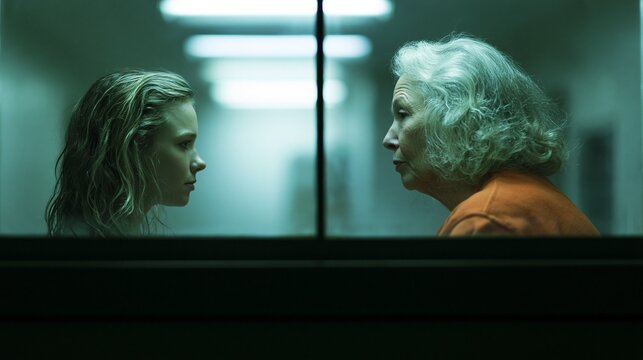 A daughter and mother speak through a visitation window with restrained emotion, tender mood, cool fluorescent lighting, split-frame composition.