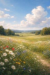 Fototapeta premium Vibrant wildflower meadow under clouds.