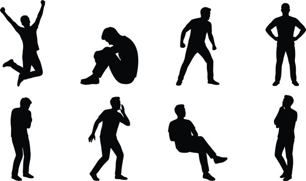 Human Emotion and Action Black Silhouette Icon Set with Diverse Standing and Sitting Poses