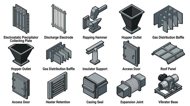 Isometric Electrostatic Precipitator ESP Parts Icon Set. Industrial engineering diagram illustrations of collecting plate, rapping hammer, hopper outlet, access door, and expansion joint