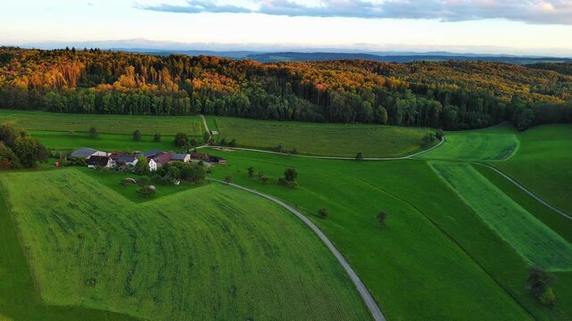 Golden Hour Aerial View of Lush Green Countryside and Farmland