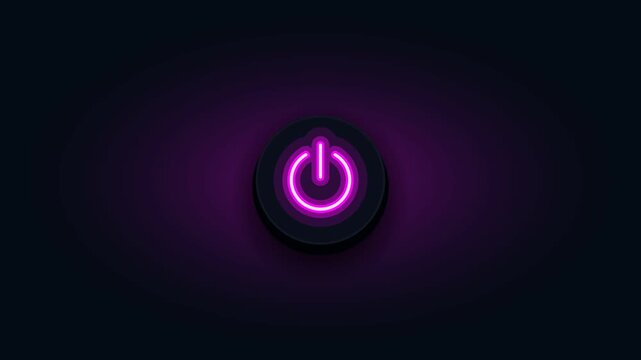 Glowing purple neon power button turning on switch animation on dark background