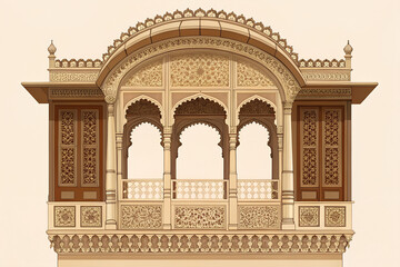 Obraz premium Traditional Rajput palace window featuring ornate jharokha balcony, carved sandstone details, symmetrical architectural design, premium vector style.