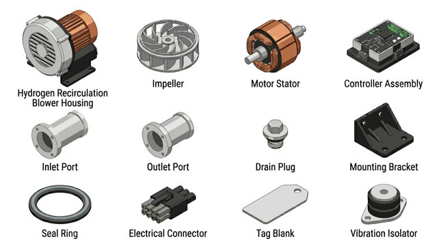 Isometric Vector Icon Set of Hydrogen Recirculation Blower Components, Including Electric Motor Stator, Impeller, Controller, and Engineering Parts for Clean Energy Technology Diagrams