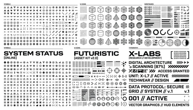 Futuristic system status asset kit containing ui icons and wireframe elements in black vector graphics on transparent background for interface.