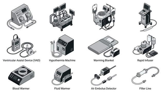 Isometric medical equipment icon set featuring perfusion, cardiac surgery, and ICU devices like VAD, blood warmer, and hypothermia machine for healthcare presentation and design projects
