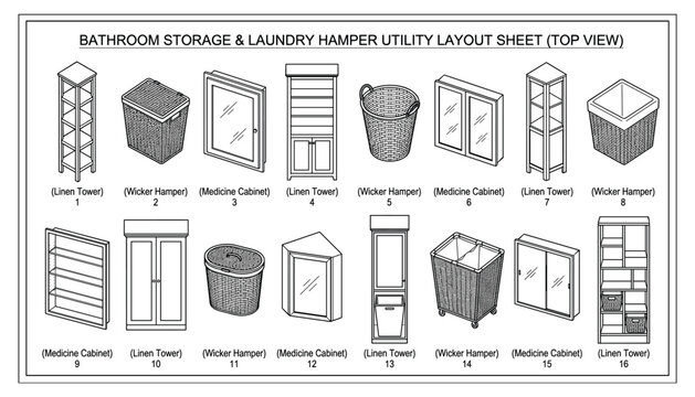 Bathroom storage laundry hamper utility layout sheet top view with linen towers and medicine cabinets transparent vector.