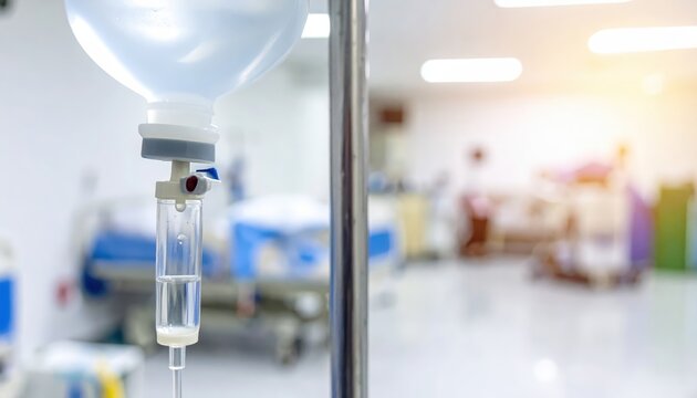 Intravenous IV drip bag hanging in hospital room, medical care detail