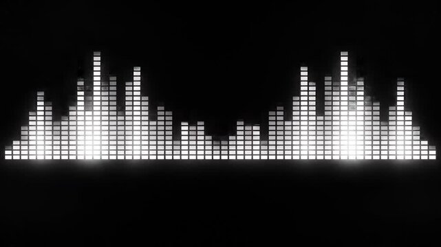 Dynamic white audio equalizer bars pulse and react on a dark background