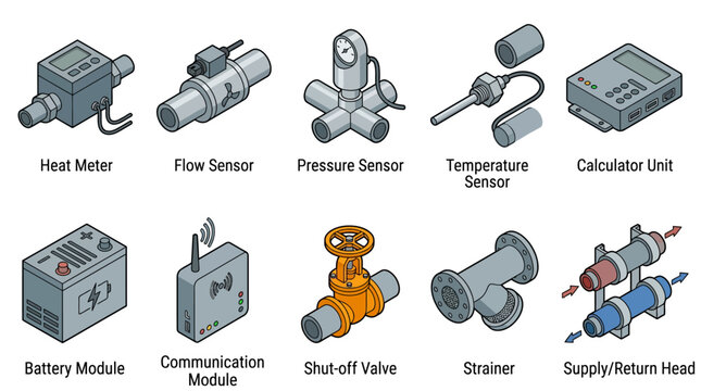 Isometric Icon Set of Heating System and Plumbing Components, Vector Illustration of Industrial Sensors, Meters, Valves, and Pipe Fittings for Technical Diagrams and Engineering Mockups