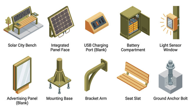 Isometric Smart Solar City Bench Component Icon Set, Green Energy Urban Infrastructure, USB Charging and Battery Storage Vector Diagrams for Infographics and Presentations
