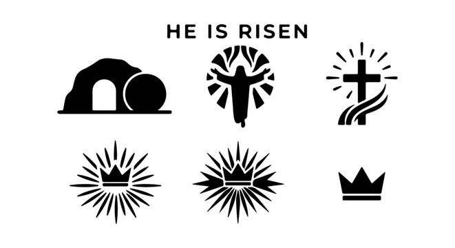He Is Risen Easter Symbols: Empty Tomb, Risen Christ, Cross, Crowns, Resurrection Graphics