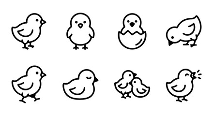 Cute Chick Icons, Baby Bird Vector Graphics, Simple Easter Poultry Illustrations, Adorable Animal Line Art © md