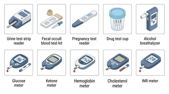 Isometric Medical Diagnostic Test Devices and Meters Icon Set. Vector Illustration of Glucose, Ketone, Hemoglobin, Cholesterol, Urine, and Pregnancy Testing Equipment for Healthcare.