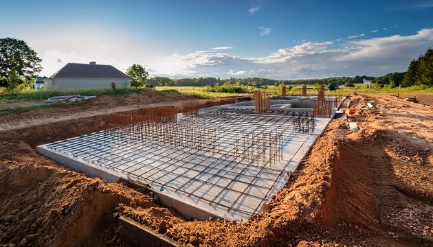 concrete foundation laying amidst rural construction site in countryside