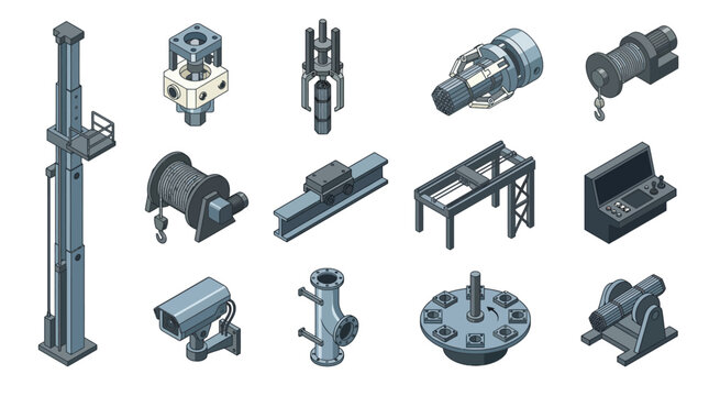 Isometric Industrial Machinery and Equipment Vector Icon Set featuring mechanical parts, winch, lift crane, control panel, security camera, and factory components for engineering design templates