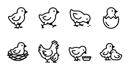 Cute Chick Icons, Baby Bird Vector Set, Farm Animal Line Art Collection, Easter Holiday Graphics © al