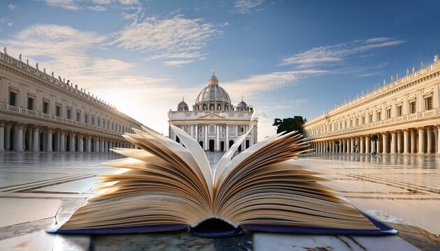 open book resting on marble floor with classical architectural backdrop creating an aura of academia and history